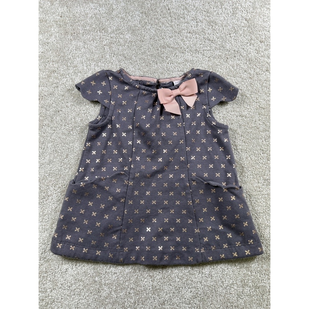 Catherine Malandrino Baby Dress 6-9M Gold Bow Short Sleeve Pockets Cute Mini Dre